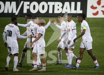 2022-01-03 - Kylian Mbappe of PSG celebrates his goal with teammates during the French Cup, round of 32, football match between Vannes OC (Vannes Olympique Club) and Paris Saint-Germain (PSG) on January 3, 2022 at Stade de La Rabine in Vannes, France - VANNES OC (VANNES OLYMPIQUE CLUB) VS PARIS SAINT-GERMAIN (PSG) - FRENCH CUP - SOCCER