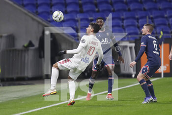 09/01/2022 - Lucas Paqueta of Lyon and Marco Verratti of Paris during the French championship Ligue 1 football match between Olympique Lyonnais (Lyon) and Paris Saint-Germain on January 9, 2022 at Groupama stadium in Decines-Charpieu near Lyon, France - OLYMPIQUE LYONNAIS (LYON) VS PARIS SAINT-GERMAIN - FRENCH LIGUE 1 - CALCIO
