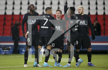 23/01/2022 - Danilo Pereira of PSG celebrates his goal with Kylian Mbappe, Lionel Messi, Nuno Mendes, Mauro Icardi during the French championship Ligue 1 football match between Paris Saint-Germain and Stade de Reims on January 23, 2022 at Parc des Princes stadium in Paris, France - PARIS SAINT-GERMAIN VS STADE DE REIMS - FRENCH LIGUE 1 - CALCIO