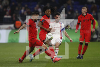 12/02/2022 - Andy DELORT of Nice and Khephren THURAM-ULIEN of Nice and Leo DUBOIS of Lyon during the French championship Ligue 1 football match between Olympique Lyonnais and OGC Nice on February 12, 2022 at Groupama stadium in Decines-Charpieu near Lyon, France - OLYMPIQUE LYONNAIS VS OGC NICE - FRENCH LIGUE 1 - CALCIO
