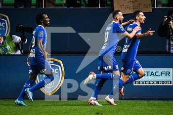 2022-02-27 - Yoann TOUZGHAR of ESTAC Troyes celebrate his goal with teammates during the French championship Ligue 1 football match between ESTAC Troyes and Olympique de Marseille on February 27, 2022 at Stade de l'Aube in Troyes, France - ESTAC TROYES VS OLYMPIQUE DE MARSEILLE - FRENCH LIGUE 1 - SOCCER