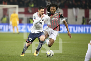 2022-03-05 - Lionel Messi of PSG, Khephren Thuram of Nice during the French championship Ligue 1 football match between OGC Nice (OGCN) and Paris Saint-Germain (PSG) on March 5, 2022 at Allianz Riviera stadium in Nice, France - OGC NICE (OGCN) VS PARIS SAINT-GERMAIN (PSG) - FRENCH LIGUE 1 - SOCCER