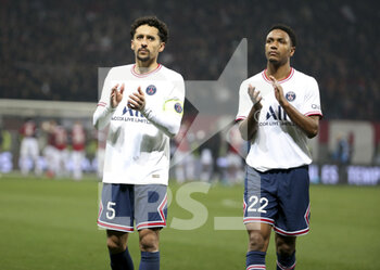 2022-03-05 - Marquinhos, Abdou Diallo of PSG salute their supporters following the French championship Ligue 1 football match between OGC Nice (OGCN) and Paris Saint-Germain (PSG) on March 5, 2022 at Allianz Riviera stadium in Nice, France - OGC NICE (OGCN) VS PARIS SAINT-GERMAIN (PSG) - FRENCH LIGUE 1 - SOCCER