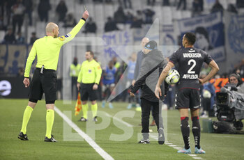 2022-03-06 - Referee Antony Gautier gives a yellow card to coach of Olympique de Marseille Jorge Sampaoli during the French championship Ligue 1 football match between Olympique de Marseille (OM) and AS Monaco (ASM) on March 6, 2022 at Velodrome stadium in Marseille, France - OLYMPIQUE DE MARSEILLE (OM) VS AS MONACO (ASM) - FRENCH LIGUE 1 - SOCCER