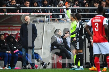 2022-03-20 - Peter BOSZ of Lyon receives a red card during the French championship Ligue 1 football match between Stade de Reims and Olympique Lyonnais on March 20, 2022 at Auguste Delaune stadium in Reims, France - STADE DE REIMS VS OLYMPIQUE LYONNAIS - FRENCH LIGUE 1 - SOCCER
