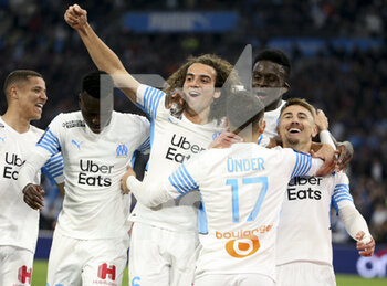 10/04/2022 - Cengiz Under of Marseille #17 celebrates his goal on a penalty kick with Matteo Guendouzi, Bamba Dieng, Valentin Rongier during the French championship Ligue 1 football match between Olympique de Marseille (OM) and Montpellier HSC (MHSC) on April 10, 2022 at Stade Velodrome in Marseille, France - OLYMPIQUE DE MARSEILLE (OM) VS MONTPELLIER HSC (MHSC) - FRENCH LIGUE 1 - CALCIO