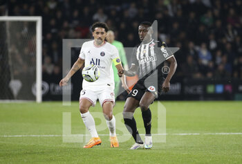 2022-04-20 - Marquinhos of PSG, Casimir Ninga of Angers during the French championship Ligue 1 football match between SCO Angers and Paris Saint-Germain on April 20, 2022 at Raymond Kopa stadium in Angers, France - SCO ANGERS VS PARIS SAINT-GERMAIN - FRENCH LIGUE 1 - SOCCER