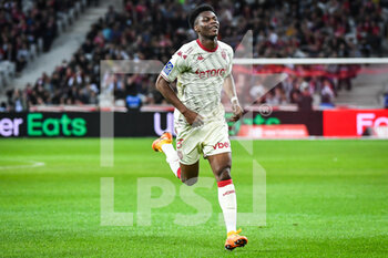 2022-05-06 - Aurelien TCHOUAMENI of Monaco celebrates his goal during the French championship Ligue 1 football match between LOSC Lille and AS Monaco on May 6, 2022 at Pierre Mauroy stadium in Villeneuve-d'Ascq near Lille, France - LOSC LILLE VS AS MONACO - FRENCH LIGUE 1 - SOCCER