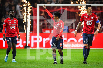 2022-05-06 - Angel GOMES of Lille celebrate his goal with Jonathan BAMBA of Lille and Jose FONTE of Lille during the French championship Ligue 1 football match between LOSC Lille and AS Monaco on May 6, 2022 at Pierre Mauroy stadium in Villeneuve-d'Ascq near Lille, France - LOSC LILLE VS AS MONACO - FRENCH LIGUE 1 - SOCCER