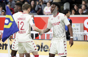 2022-05-06 - Aurelien Tchouameni of Monaco celebrates his winning goal with Caio Henrique (left) during the French championship Ligue 1 football match between Lille OSC (LOSC) and AS Monaco (ASM) on May 6, 2022 at Stade Pierre Mauroy in Villeneuve d'Ascq near Lille, France - LOSC LILLE VS AS MONACO - FRENCH LIGUE 1 - SOCCER