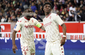 2022-05-06 - Aurelien Tchouameni of Monaco celebrates his winning goal with Youssouf Fofana (left) during the French championship Ligue 1 football match between Lille OSC (LOSC) and AS Monaco (ASM) on May 6, 2022 at Stade Pierre Mauroy in Villeneuve d'Ascq near Lille, France - LOSC LILLE VS AS MONACO - FRENCH LIGUE 1 - SOCCER