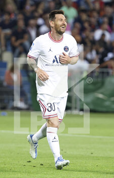 2022-05-14 - Lionel Messi of PSG celebrates his second goal during the French championship Ligue 1 football match between Montpellier HSC and Paris Saint-Germain on May 14, 2022 at La Mosson stadium in Montpellier, France - MONTPELLIER HSC VS PARIS SAINT-GERMAIN - FRENCH LIGUE 1 - SOCCER