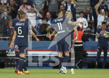 2022-05-21 - Kylian Mbappe of PSG celebrates his goal with Angel Di Maria during the French championship Ligue 1 football match between Paris Saint-Germain (PSG) and FC Metz on May 21, 2022 at Parc des Princes stadium in Paris, France - PARIS SAINT-GERMAIN (PSG) VS FC METZ - FRENCH LIGUE 1 - SOCCER