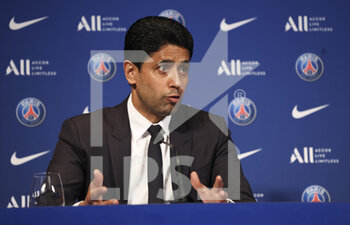 2022-05-23 - President of PSG Nasser Al Khelaifi during a press conference following the renewal of Kylian Mbappe's contract at Paris Saint-Germain until 2025, on May 23, 2022 at Parc des Princes stadium in Paris, France - PRESS CONFERENCE FOLLOWING THE RENEWAL OF KYLIAN MBAPPE AT PARIS SAINT-GERMAIN UNTIL 2025 - FRENCH LIGUE 1 - SOCCER