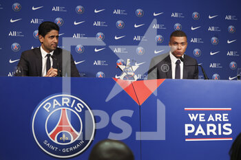 2022-05-23 - President of PSG Nasser Al Khelaifi, Kylian Mbappe of PSG during a press conference following the renewal of Mbappe's contract at Paris Saint-Germain until 2025, on May 23, 2022 at Parc des Princes stadium in Paris, France - PRESS CONFERENCE FOLLOWING THE RENEWAL OF KYLIAN MBAPPE AT PARIS SAINT-GERMAIN UNTIL 2025 - FRENCH LIGUE 1 - SOCCER