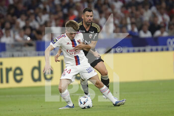 05/08/2022 - Johann LEPENANT of Lyon and Thomas MANGANI of Ajaccio during the French championship Ligue 1 football match between Olympique Lyonnais (Lyon) and AC Ajaccio on August 5, 2022 at Groupama stadium in Decines-Charpieu near Lyon, France - FOOTBALL - FRENCH CHAMP - LYON V AJACCIO - FRENCH LIGUE 1 - CALCIO
