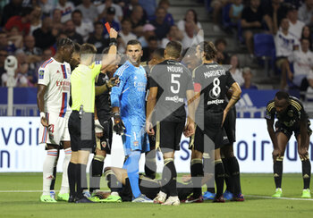 05/08/2022 - Goalkeeper of Lyon Anthony Lopes receives a red card from referee Benoit Bastien during the French championship Ligue 1 football match between Olympique Lyonnais (OL) and AC Ajaccio on August 5, 2022 at Groupama Stadium in Decines-Charpieu near Lyon, France - FOOTBALL - FRENCH CHAMP - LYON V AJACCIO - FRENCH LIGUE 1 - CALCIO