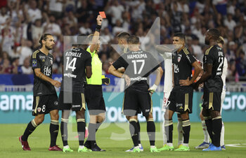 05/08/2022 - Romain Hamouma of Ajaccio receives a red card from referee Benoit Bastien during the French championship Ligue 1 football match between Olympique Lyonnais (OL) and AC Ajaccio on August 5, 2022 at Groupama Stadium in Decines-Charpieu near Lyon, France - FOOTBALL - FRENCH CHAMP - LYON V AJACCIO - FRENCH LIGUE 1 - CALCIO