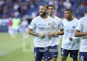 13/08/2022 - Sergio Ramos, Achraf Hakimi, Kylian Mbappe of PSG during the French championship Ligue 1 football match between Paris Saint-Germain (PSG) and Montpellier HSC (MHSC) on August 13, 2022 at Parc des Princes stadium in Paris, France - FOOTBALL - FRENCH CHAMP - PARIS SG V MONTPELLIER - FRENCH LIGUE 1 - CALCIO