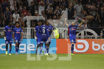 2022-08-19 - Florian TARDIEU of Troyes celebrate a score a goal during the French championship Ligue 1 football match between Olympique Lyonnais (Lyon) and ESTAC Troyes on August 19, 2022 at Groupama stadium in Decines-Charpieu near Lyon, France - FOOTBALL - FRENCH CHAMP - LYON V TROYES - FRENCH LIGUE 1 - SOCCER