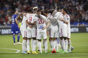 2022-08-19 - Team of Lyon during the French championship Ligue 1 football match between Olympique Lyonnais (Lyon) and ESTAC Troyes on August 19, 2022 at Groupama stadium in Decines-Charpieu near Lyon, France - FOOTBALL - FRENCH CHAMP - LYON V TROYES - FRENCH LIGUE 1 - SOCCER