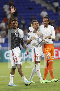 2022-08-19 - Corentin TOLISSO of Lyon and Malo GUSTO of Lyon and Kayne BONNEVIE of Lyon during the French championship Ligue 1 football match between Olympique Lyonnais (Lyon) and ESTAC Troyes on August 19, 2022 at Groupama stadium in Decines-Charpieu near Lyon, France - FOOTBALL - FRENCH CHAMP - LYON V TROYES - FRENCH LIGUE 1 - SOCCER