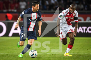 2022-08-28 - Lionel (Leo) MESSI of PSG and Mohamed CAMARA of Monaco during the French championship Ligue 1 football match between Paris Saint-Germain and AS Monaco on August 28, 2022 at Parc des Princes stadium in Paris, France - FOOTBALL - FRENCH CHAMP - PARIS SG V MONACO - FRENCH LIGUE 1 - SOCCER