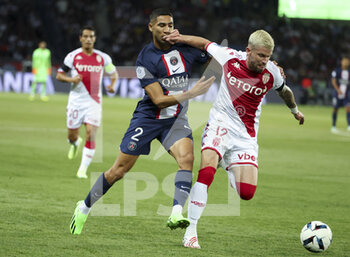 2022-08-28 - Achraf Hakimi of PSG, Caio Henrique of Monaco during the French championship Ligue 1 football match between Paris Saint-Germain (PSG) and AS Monaco (ASM) on August 28, 2022 at Parc des Princes stadium in Paris, France - FOOTBALL - FRENCH CHAMP - PARIS SG V MONACO - FRENCH LIGUE 1 - SOCCER