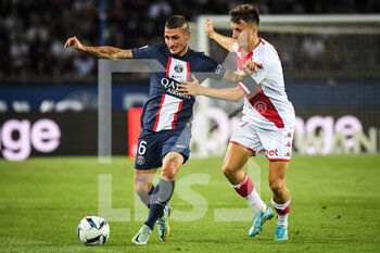 2022-08-28 - Marco VERRATTI of PSG and Aleksandr GOLOVIN of Monaco during the French championship Ligue 1 football match between Paris Saint-Germain and AS Monaco on August 28, 2022 at Parc des Princes stadium in Paris, France - FOOTBALL - FRENCH CHAMP - PARIS SG V MONACO - FRENCH LIGUE 1 - SOCCER