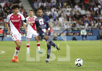 2022-08-28 - Neymar Jr of PSG, Maghnes Akliouche of Monaco (left) during the French championship Ligue 1 football match between Paris Saint-Germain (PSG) and AS Monaco (ASM) on August 28, 2022 at Parc des Princes stadium in Paris, France - FOOTBALL - FRENCH CHAMP - PARIS SG V MONACO - FRENCH LIGUE 1 - SOCCER