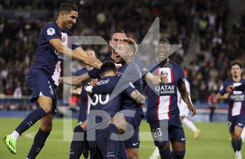 2022-10-01 - Lionel Messi of PSG celebrates his goal with Achraf Hakimi, Neymar Jr, Nordi Mukiele during the French championship Ligue 1 football match between Paris Saint-Germain (PSG) and OGC Nice (OGCN) on October 1, 2022 at Parc des Princes stadium in Paris, France - FOOTBALL - FRENCH CHAMP - PARIS SG V NICE - FRENCH LIGUE 1 - SOCCER