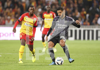 2022-10-02 - Henrique Silva Milagres of Lyon, David Pereira Da Costa of Lens (left) during the French championship Ligue 1 football match between RC Lens (RCL) and Olympique Lyonnais (OL, Lyon) on October 2, 2022 at Stade Bollaert-Delelis in Lens, France - FOOTBALL - FRENCH CHAMP - LENS V LYON - FRENCH LIGUE 1 - SOCCER