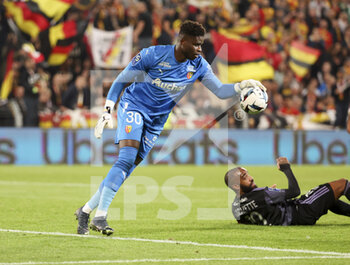 2022-10-02 - Goalkeeper of Lens Brice Samba, Alexandre Lacazette of Lyon during the French championship Ligue 1 football match between RC Lens (RCL) and Olympique Lyonnais (OL, Lyon) on October 2, 2022 at Stade Bollaert-Delelis in Lens, France - FOOTBALL - FRENCH CHAMP - LENS V LYON - FRENCH LIGUE 1 - SOCCER