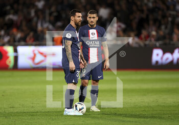 21/10/2022 - Lionel Messi, Marco Verratti of PSG during the French championship Ligue 1 football match between AC Ajaccio (ACA) and Paris Saint-Germain (PSG on October 21, 2022 at Stade Francois Coty in Ajaccio, France - FOOTBALL - FRENCH CHAMP - AJACCIO V PARIS SG - FRENCH LIGUE 1 - CALCIO