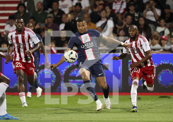 21/10/2022 - Kylian Mbappe of PSG, Mohamed Youssouf of Ajaccio during the French championship Ligue 1 football match between AC Ajaccio (ACA) and Paris Saint-Germain (PSG on October 21, 2022 at Stade Francois Coty in Ajaccio, France - FOOTBALL - FRENCH CHAMP - AJACCIO V PARIS SG - FRENCH LIGUE 1 - CALCIO