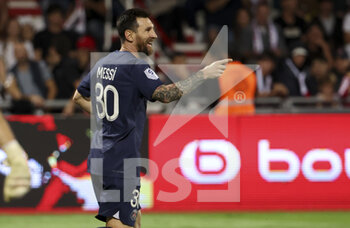 2022-10-21 - Lionel Messi of PSG celebrates his goal during the French championship Ligue 1 football match between AC Ajaccio (ACA) and Paris Saint-Germain (PSG on October 21, 2022 at Stade Francois Coty in Ajaccio, France - FOOTBALL - FRENCH CHAMP - AJACCIO V PARIS SG - FRENCH LIGUE 1 - SOCCER