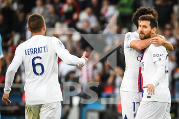 2022-10-29 - Lionel (Leo) MESSI of PSG celebrate his goal with Marco VERRATTI of PSG during the French championship Ligue 1 football match between Paris Saint-Germain and ESTAC Troyes on October 29, 2022 at Parc des Princes stadium in Paris, France - FOOTBALL - FRENCH CHAMP - PARIS SG V TROYES - FRENCH LIGUE 1 - SOCCER