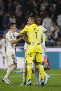 2022-10-30 - Jerome BOATENG of Lyon and Anthony LOPES of Lyon and Nicolas TAGLIAFICO of Lyon during the French championship Ligue 1 football match between Olympique Lyonnais (Lyon) and LOSC Lille on October 30, 2022 at Groupama stadium in Decines-Charpieu near Lyon, France - FOOTBALL - FRENCH CHAMP - LYON V LILLE - FRENCH LIGUE 1 - SOCCER