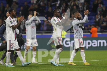 2022-10-30 - Alexandre LACAZETTE of Lyon and Castello LUKEBA of Lyon and Jeff REINE ADELAIDE of Lyon during the French championship Ligue 1 football match between Olympique Lyonnais (Lyon) and LOSC Lille on October 30, 2022 at Groupama stadium in Decines-Charpieu near Lyon, France - FOOTBALL - FRENCH CHAMP - LYON V LILLE - FRENCH LIGUE 1 - SOCCER