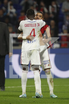 2022-10-30 - Malo GUSTO of Lyon and Castello LUKEBA of Lyon during the French championship Ligue 1 football match between Olympique Lyonnais (Lyon) and LOSC Lille on October 30, 2022 at Groupama stadium in Decines-Charpieu near Lyon, France - FOOTBALL - FRENCH CHAMP - LYON V LILLE - FRENCH LIGUE 1 - SOCCER