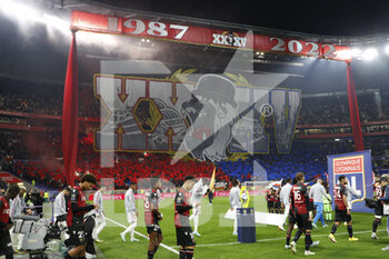 2022-11-11 - Bad Gones celebrates the 35 years during the French championship Ligue 1 football match between Olympique Lyonnais (Lyon) and OGC Nice on November 11, 2022 at Groupama stadium in Decines-Charpieu near Lyon, France - FOOTBALL - FRENCH CHAMP - LYON V NICE - FRENCH LIGUE 1 - SOCCER