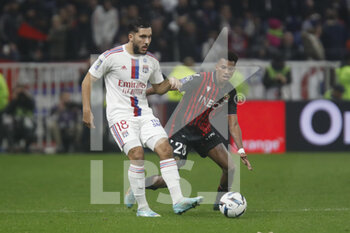 2022-11-11 - Rayan CHERKI of Lyon and Hicham BOUDAOUI of Nice during the French championship Ligue 1 football match between Olympique Lyonnais (Lyon) and OGC Nice on November 11, 2022 at Groupama stadium in Decines-Charpieu near Lyon, France - FOOTBALL - FRENCH CHAMP - LYON V NICE - FRENCH LIGUE 1 - SOCCER