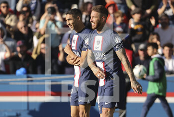 2022-11-13 - Achraf Hakimi of PSG celebrates his goal with Sergio Ramos during the French championship Ligue 1 football match between Paris Saint-Germain and AJ Auxerre on November 13, 2022 at Parc des Princes stadium in Paris, France - FOOTBALL - FRENCH CHAMP - PARIS SG V AUXERRE - FRENCH LIGUE 1 - SOCCER