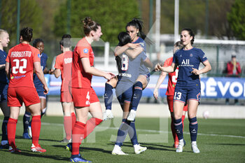 2022-04-16 - Sakina Karchaoui of PSG with Grace Geyoro of PSG celebrate after scoring during the Women's French championship D1 Arkema football match between Paris Saint-Germain (PSG) and GPSO 92 Issy on April 16, 2022 at Georges Lefevre stadium in Saint-Germain-en-Laye, France - PARIS SAINT-GERMAIN (PSG) VS GPSO 92 ISSY - FRENCH WOMEN DIVISION 1 - SOCCER
