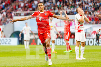 2022-07-30 - Jamal Musiala of Bayern Munich celebrates his goal 0-1 during the German Super Cup football match between RB Leipzig and Bayern Munich on July 30, 2022 at Red Bull Arena in Leipzig, Germany - FOOTBALL - GERMAN SUPER CUP - RB LEIPZIG V BAYERN MUNICH - GERMAN SUPERCUP - SOCCER