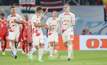 2022-07-30 - Marcel Halstenberg of RB Leipzig celebrates his goal 1-3 during the German Super Cup football match between RB Leipzig and Bayern Munich on July 30, 2022 at Red Bull Arena in Leipzig, Germany - FOOTBALL - GERMAN SUPER CUP - RB LEIPZIG V BAYERN MUNICH - GERMAN SUPERCUP - SOCCER