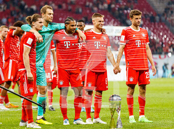 2022-07-30 - Marcel Sabitzer, Manuel Neuer, Serge Gnabry, Joshua Kimmich and Thomas Muller of Bayern Munich celebrate with the trophy during the German Super Cup football match between RB Leipzig and Bayern Munich on July 30, 2022 at Red Bull Arena in Leipzig, Germany - FOOTBALL - GERMAN SUPER CUP - RB LEIPZIG V BAYERN MUNICH - GERMAN SUPERCUP - SOCCER