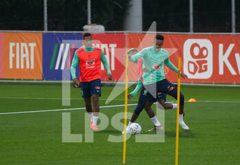 2022-11-14 - Rodrigo of Brazil, Raphinha of Brazil and Alex Sandro during the first day of trying of the Brazil National football team before the final stage of the Qatar 2022 World Cup,  at the Juventus Training Center in Turin, Italy  Photo Nderim Kaceli - TRAINING OF BRASIL TEAM - FIFA WORLD CUP - SOCCER