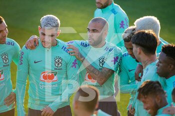 2022-11-16 - Bruno Guimaraes and Dani Alves of Brazil during Brazil National football team traning, before the finale stage of the World Cup 2022 in Qatar, at Juventus Training Center, 16 November 2022, Turin, Italy. Photo Nderim Kaceli - BRAZIL NATIONAL TEMA TRAINING - FIFA WORLD CUP - SOCCER