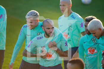 2022-11-16 - Bruno Guimaraes and Dani Alves of Brazil during Brazil National football team traning, before the finale stage of the World Cup 2022 in Qatar, at Juventus Training Center, 16 November 2022, Turin, Italy. Photo Nderim Kaceli - BRAZIL NATIONAL TEMA TRAINING - FIFA WORLD CUP - SOCCER